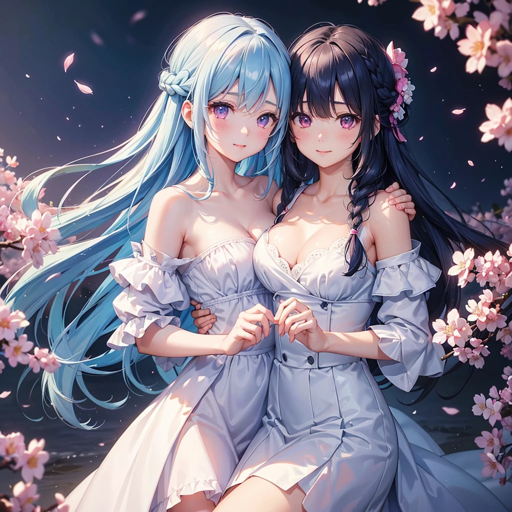 (Sky blue medium hair),(Braided hair tied together)、Pink eyes、Fair skin、(whole body)、(One Girl)、(suit)、Cherry Blossoms at Night、A big smile、、(masterpiece、Highest quality、Very detailed、Best Shadow)、(Detailed Background)、(Beautifully detailed face)、High contrast、(Best lighting、Very delicate and beautiful)、((Cinematic Light))、colorful、Hyper Detail、Dramatic Light、Exquisite detail、