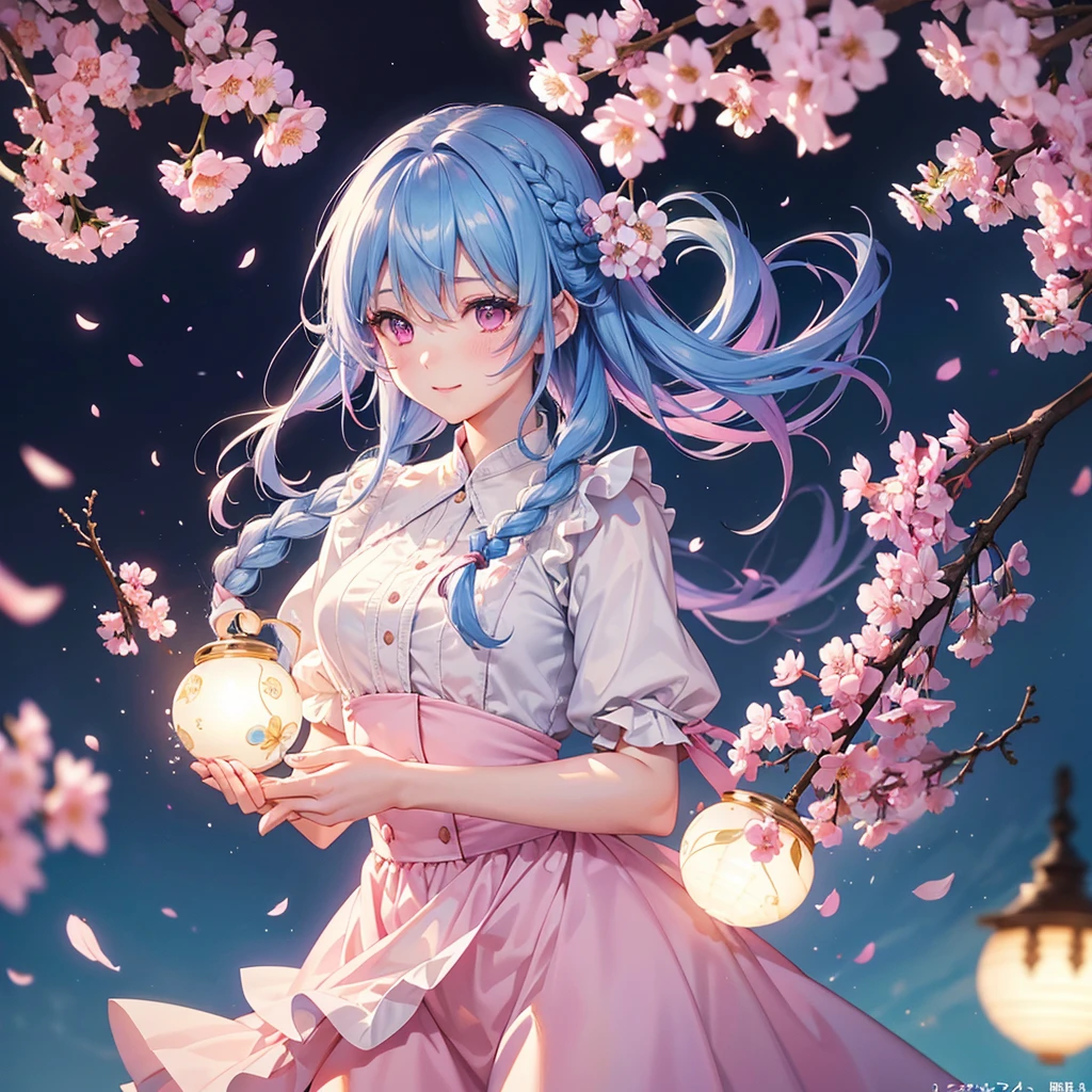 (Sky blue medium hair),(Braided hair tied together)、Pink eyes、Fair skin、(whole body)、(One Girl)、(suit)、Cherry Blossoms at Night、A big smile、、(masterpiece、Highest quality、Very detailed、Best Shadow)、(Detailed Background)、(Beautifully detailed face)、High contrast、(Best lighting、Very delicate and beautiful)、((Cinematic Light))、colorful、Hyper Detail、Dramatic Light、Exquisite detail、