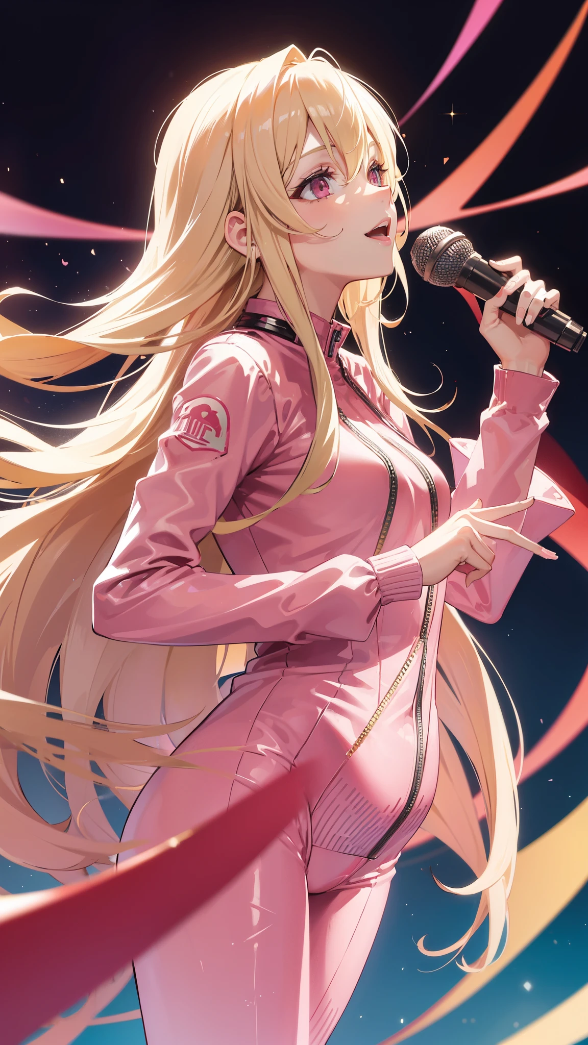 (((Adult woman))), pink eyes, (long blonde hair), pinksuit, smile, singing, holding microphone
