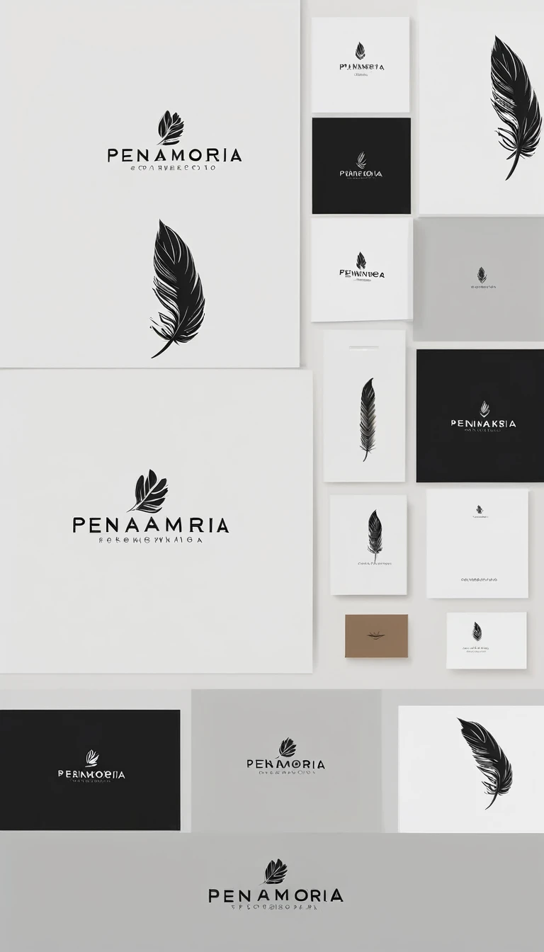 A minimal, modern, simple, cinematic logo design for the brand “Penamemoria". Create a modern, minimalistic, high-quality, logo of a bird feather