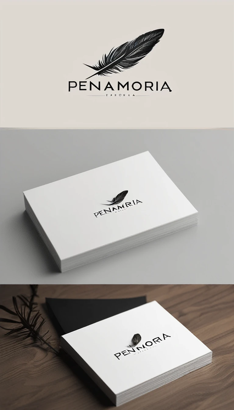 A minimal, modern, simple, cinematic logo design for the brand “Penamemoria". Create a modern, minimalistic, high-quality, logo of a bird feather