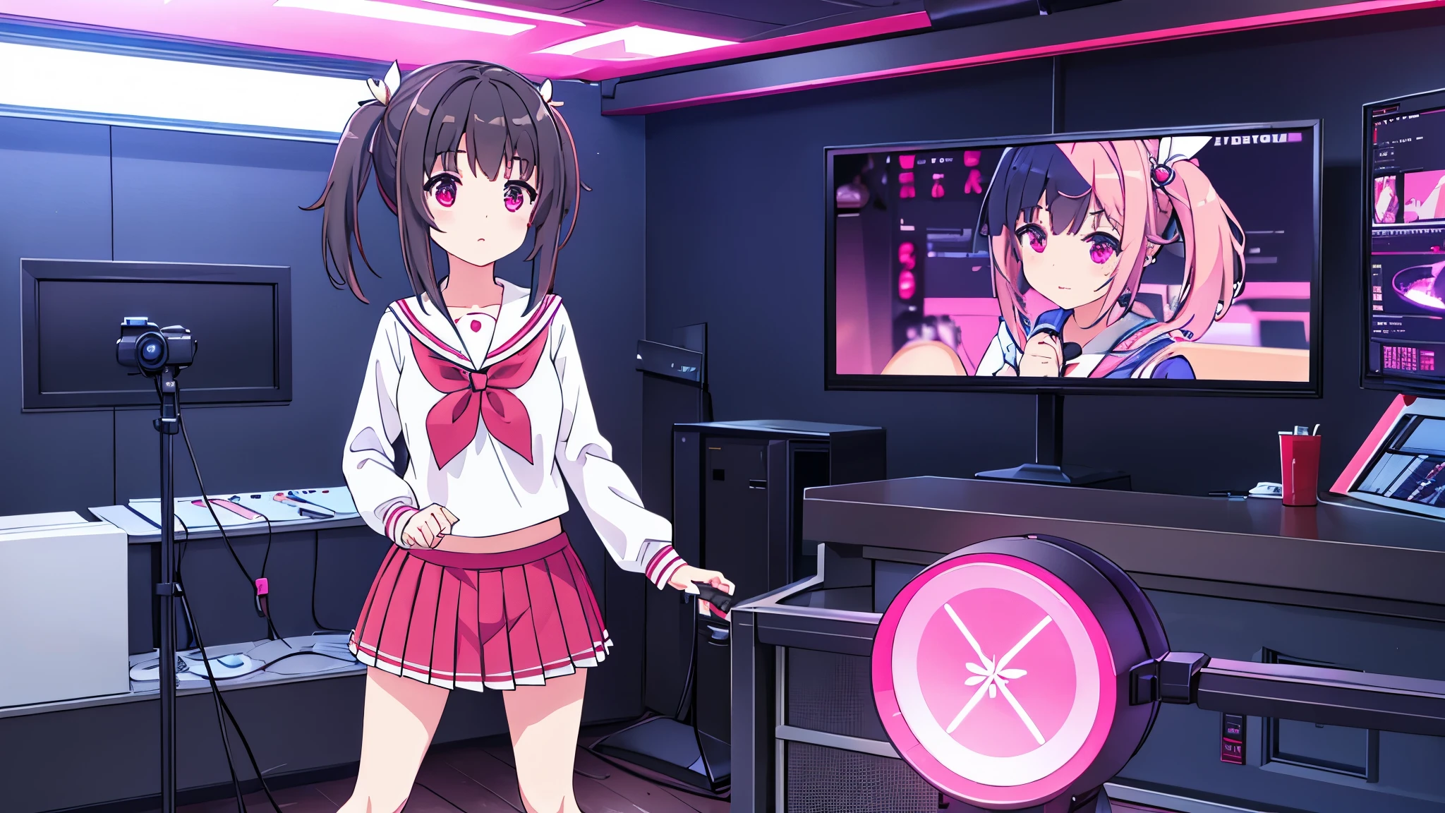 beautiful girl incredible quality 4k vtuber with red eyes black hair with pink ribbon short pleated skirt sailor style blouse long sleeve white long stockings pink tennis shoes with black vtuber youtuber in recording studio room pc gamer background with microphone and rgb cyberpunk LED lights