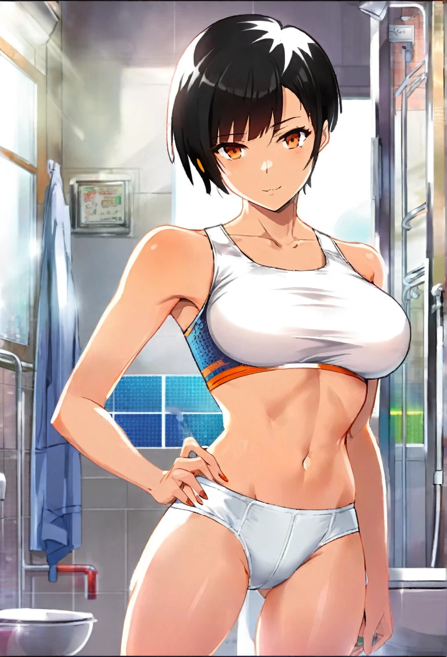 Adult Female, alone, very short hair, buzzed sides, Pixie cut hairstyle, black hair with thin red highlight, orange irises, mature, medium breasts, toned body, well defined abs, bathroom, panicked, tomboyish, white sports bra, thin compression shorts, thunder thighs, bulge in pants, no nudity, no exposed body, high detailed, high quality, best quality, perfect irises, perfect hands, perfect fingers, perfect eyes