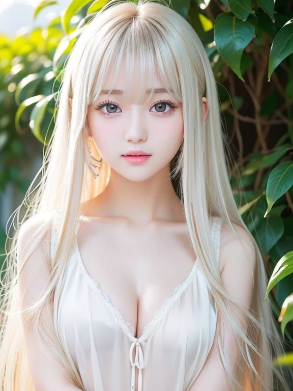 Silky Skin and Glowing Cheeks、A very beautiful and adorable 20 year old girl、((Long bangs that reach under the nose and between the eyes,,,))、Beautiful and cute young woman with very long hair, Silver, silky platinum blonde hair、Very beautiful pale yellow eyes shining、Bright expression、Summery clothes、Flat Chest、