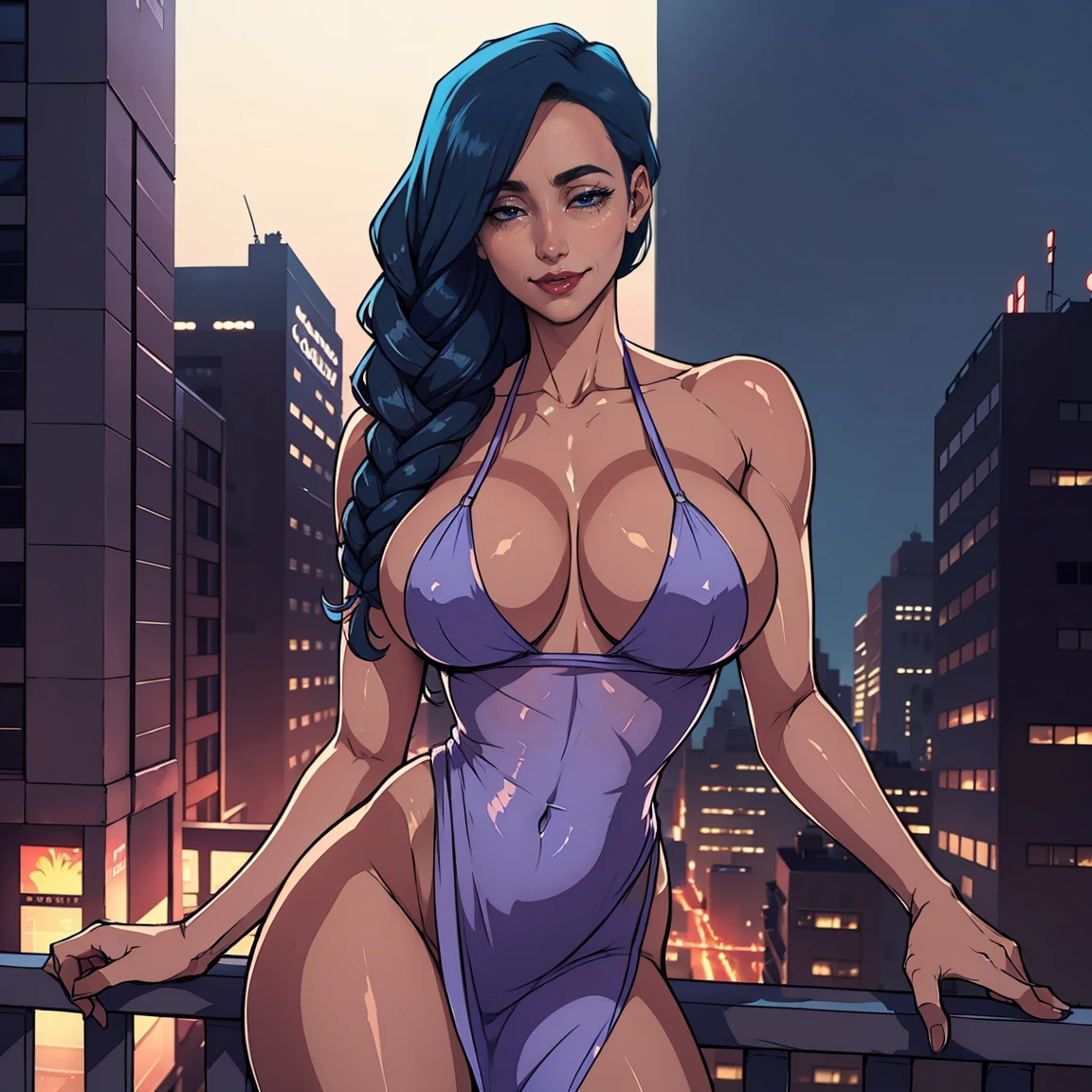 Masterpiece, Jennifer Connelly, cowboy shot, wearing sexy silk dress, perfect detailed eyes, on the balcony of a loft in New York City at nigth with buildings and lights in the background bringing an elegant and modern air to the scene, delicate smile on your face