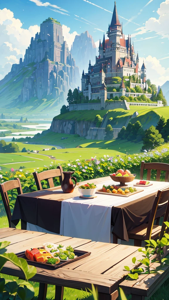 lots of Foods on a table in a Green flower field, rabbit setting on chair, mountain, sky, floating castle in the background. Studio Ghibli art, 8K, Clear picture with details, Ultrasharp