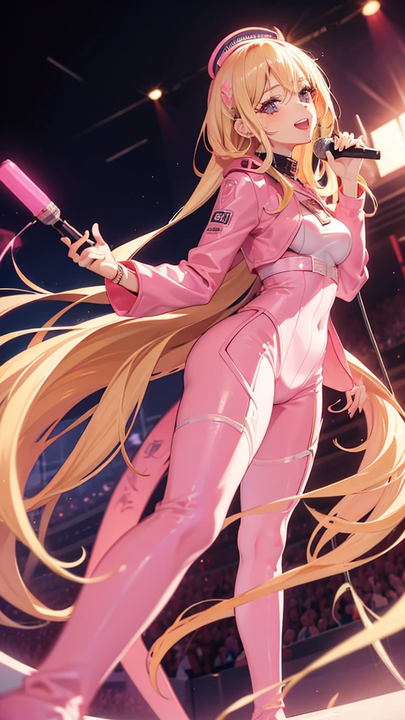 (((Adult woman))), pink eyes, (long blonde hair), pinksuit, smile, singing, holding microphone, concert