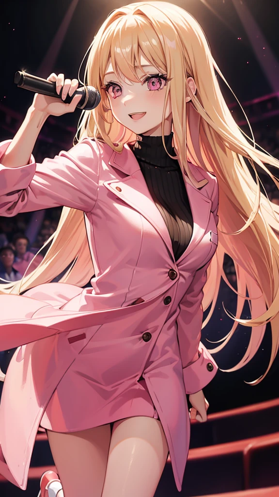 (((Adult woman))), pink eyes, (long blonde hair), pinksuit, smile, singing, holding microphone, concert