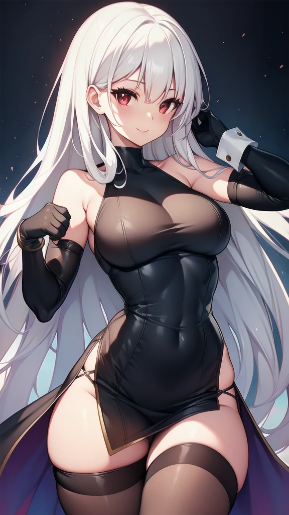 masterpiece, best quality, 1 solo girl, white hair, red eyes, long hair, medium breasts, sexy body and face, wavy hair, smile, parted lips, gradient clothes, dress, elbow gloves, sleeveless, bare shoulders, cape, boots, bracelet, sleeveless dress, ribbon, black gloves, turtleneck, short dress, pantyhose, black footwear, night, sexy pose, cowboy shots, detailed body, face, and eyes, sharp focus, vibrant, creative, dynamic, high definition, high resolution, 8k, (Upscale: R-ESRGAN 4x+ Anime6mage enchance:4x), voluptuous body, cinema lightning, dakimakura style, looking at the viewer,