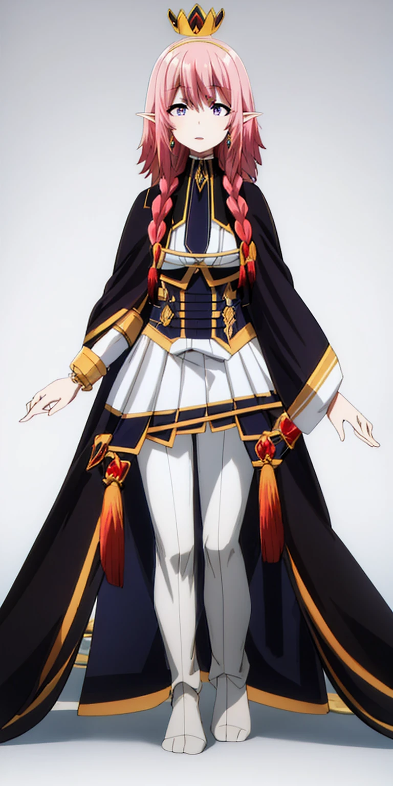 full body standing symmetrical looking to the viewer, white background, barefeet, princess long hair, blue eyes, blonde hair, dress, jewelry, earrings, pointy ears, bracelet, tiara, crown
