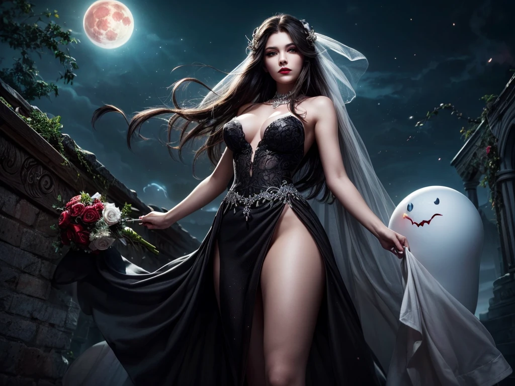 In the night graveyard near the open coffin standing beatiful pale bride female, she have pale skin, beatiful face with silver eyes dark red lipstick black eyeshadows and black tear trace on her face, her haie is black as the darkest night, she dressed in old wedding dress with holes and blood stains and bare feets, in her hands she holding withered black rose bouquet, she have greennish glow aura around her, there is blood moon in the sky,(ultra high quality fantasy art, ghothic dark fantasy style, masterpiece, ultra high quality character design, 8k quality anime art, realistic anime art, top quality wallpaper illustration, detailed ultra high quality accurate face, high quality design and accurate physic)