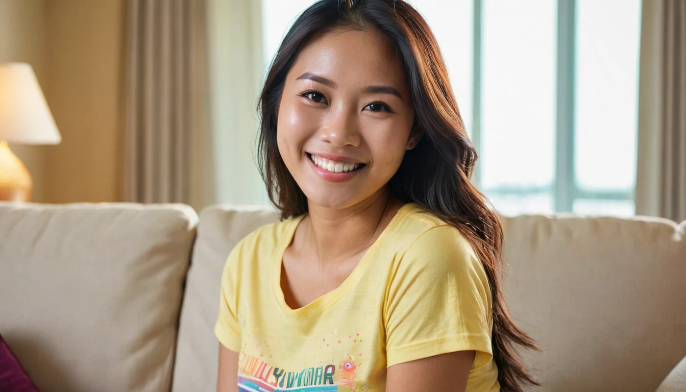 Create an image of a 28-year-old Asian-Hispanic-Filipina woman with a slender and body. She has tanned, brown skin and a flat nose. Her long, thick, waist-length hair cascades down her back. She is wearing shorts and a colorful t-shirt, sitting on a couch in a well-lit living room of a condo in the Philippines. The setting captures the golden hour of the afternoon, enhancing her smiling, flirtatious expression. The image should be a medium shot with a bokeh effect at 2.8 aperture depth of field to emphasize the rich details in her face and hair, giving the photo a candid, amateur quality.