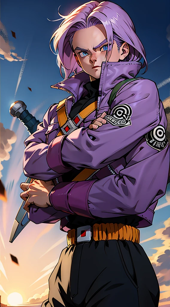 (masterpiece, best quality:1.2), female focus, 1girl, trunks \(dragon ball\), expressionless, closed mouth, looking at viewer, crossed arms, purple hair, blue eyes, jacket, shirt, pants, sword