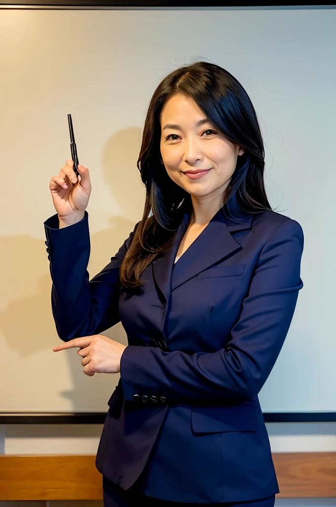 ((Highest quality)), ((masterpiece)), (detailed), One woman in her 30s,Wearing a navy suit.indoor,In front of a blank white board, he is pointing towards the whiteboard.,Beautiful hands,Long black hair,Good posture,A soft smile,Point with the index finger of the left hand