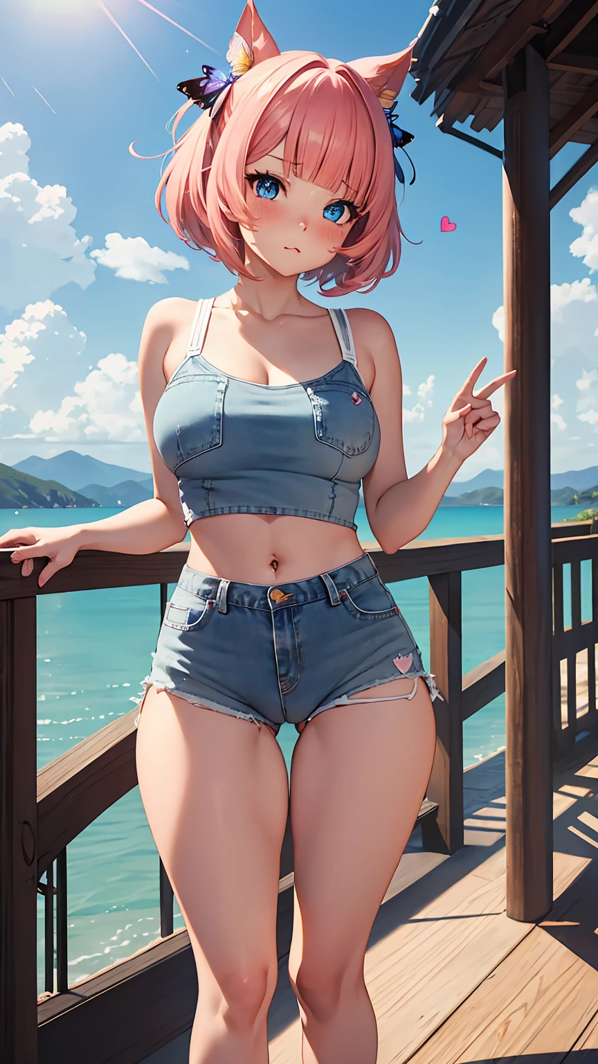 [(((nn1))), short hair, bangs, blue eyes, hair ornament, hair ribbon, pink hair, blunt bangs, two side up, butterfly hair ornament, large breasts], 1girl, anime girl, anime, 2d girl, (fullbody), standing, anime girl, ((blowing kiss to viewer)), heart, Solo, Slim, Tight Shorts, low waist shorts, upshorts, The night background, in front of beach house, distant mountain in the background, stars in the sky, looking at viewer, darker shadows, (((explicit))), (((shorts))), (((absurdres))), (((thigh gap))), cameltoe, (((cameltoe))), (((cleft of venus))), (((pussy outline in shorts))), (((pussy contour in shorts))), (((lowleg shorts))),