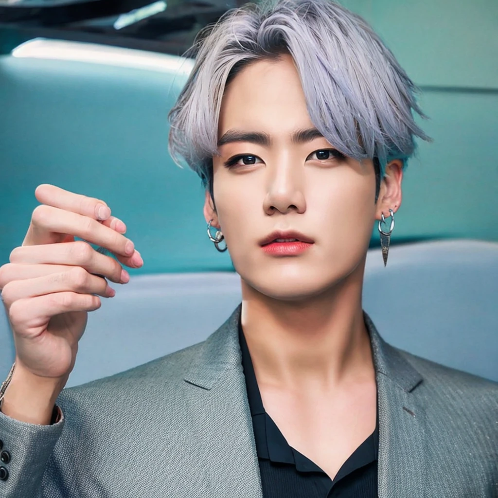 Mafia boy in grey suit and silver hair color, 26K, Photorealism, Real photo