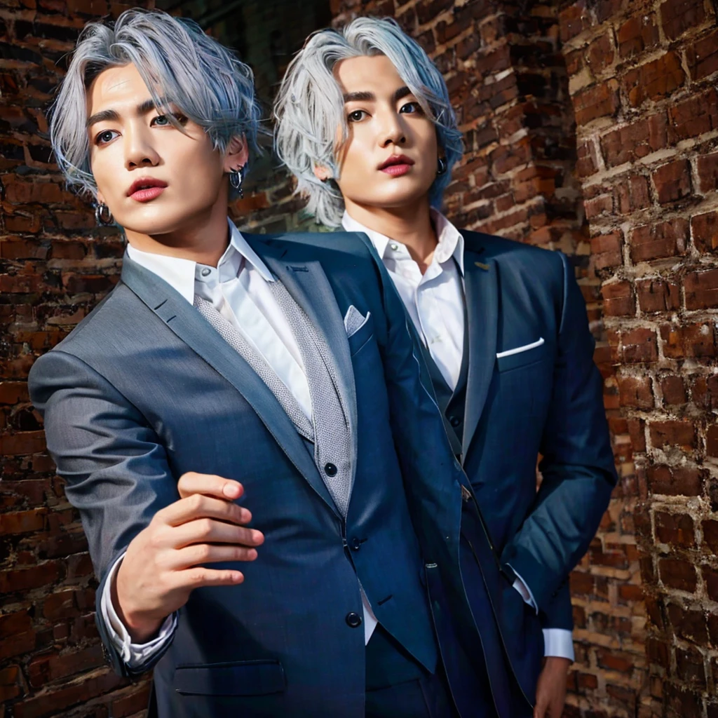 Mafia boy in grey suit and silver hair color, 26K, Photorealism, Real photo