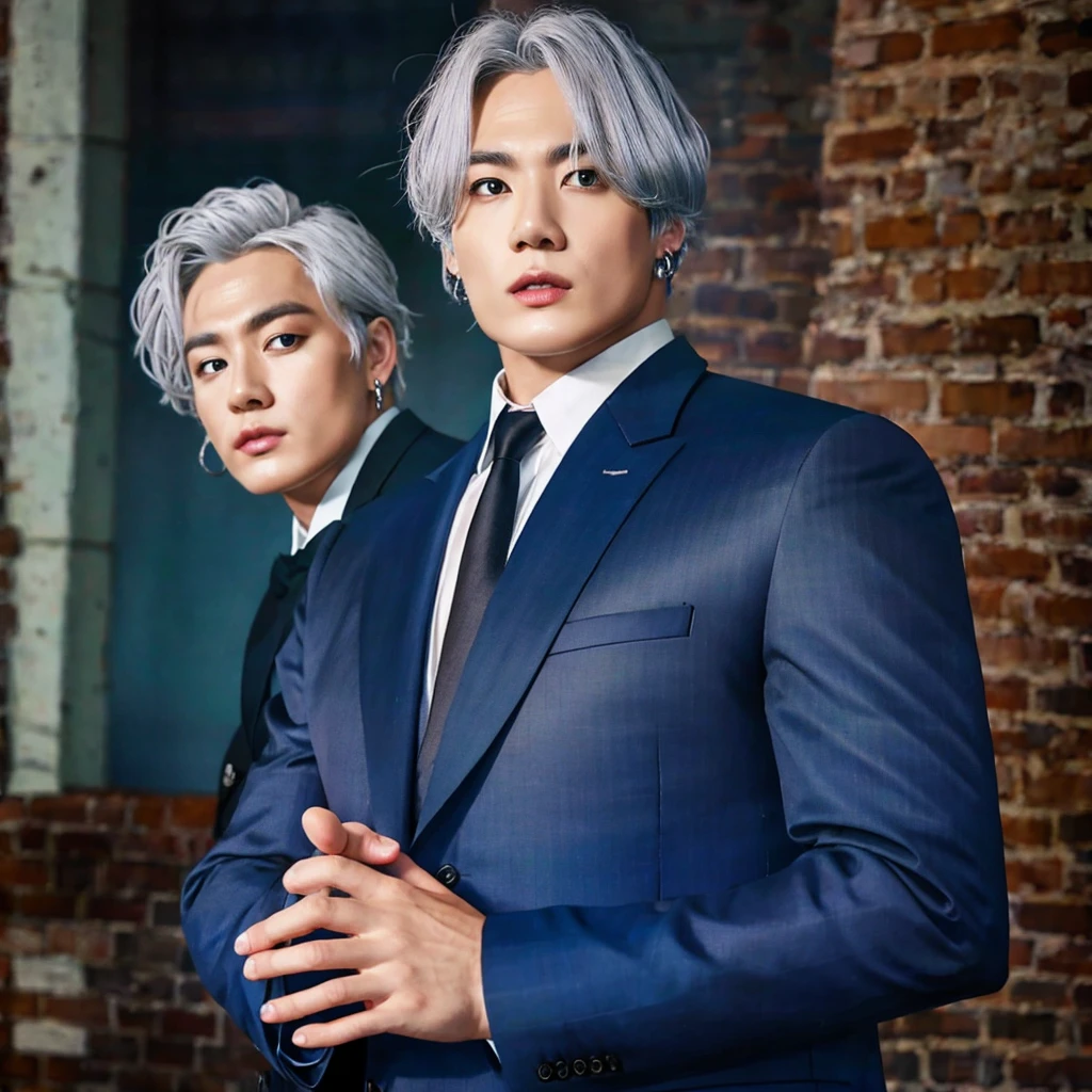 Mafia boy in grey suit and silver hair color, 26K, Photorealism, Real photo