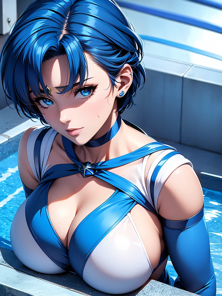 Sailor mercury in full police  suit,long blue hair,Blue Power Ranger, hurricane ,Sexy goth woman big breast, character sheet,inside a pool,High Resolution, Large breasts, 