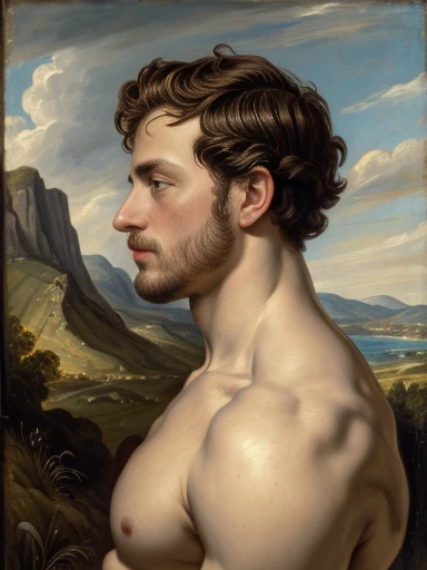 Side view, oil painting, style of Peter Paul Rubens, a humanoid male robot, mechanical parts, head, chest, abs, shirtless, flaccid , ((landscape background)), classic art, neoclassic, regency era, perfect composition, canvas texture
