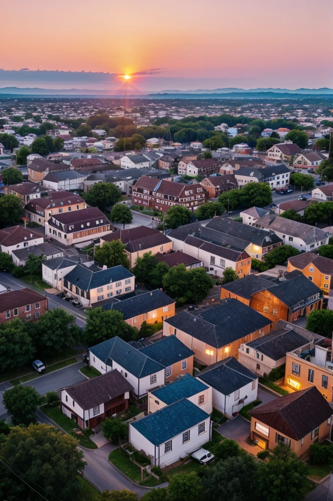 Footage of a sunrise over a small town.