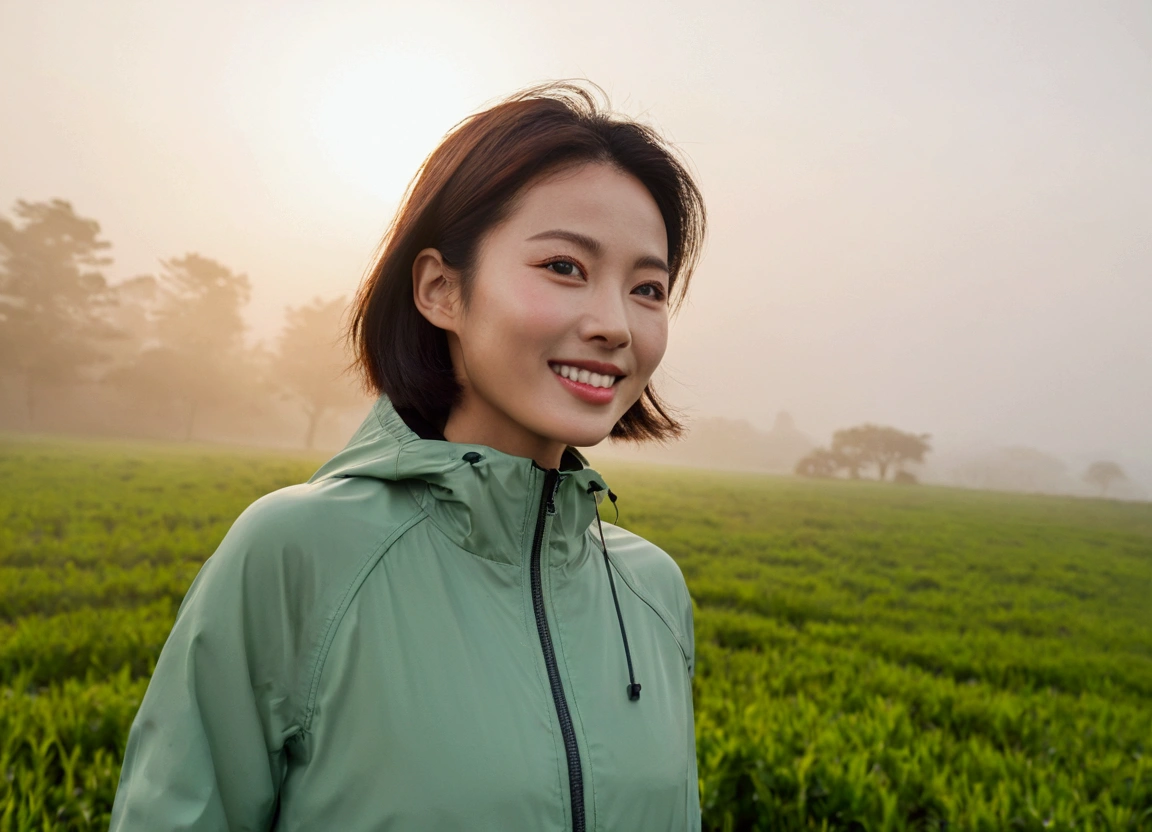 high quality, 1 woman, ((36-year-old healthy Korean woman)), ((36 years old)), 1 woman, eyes are big and beautiful. ((slim)), ((short medium hair)), Smile. pose: standing, gray and light green luxury brand windbreaker jacket, background: 1 woman, California, USA, green pastures, pasture, Cow, A green meadow can be seen in the distance through the early morning fog.. Full body shot with 16-34 wide angle lens, looking up the side, morning red sunlight.