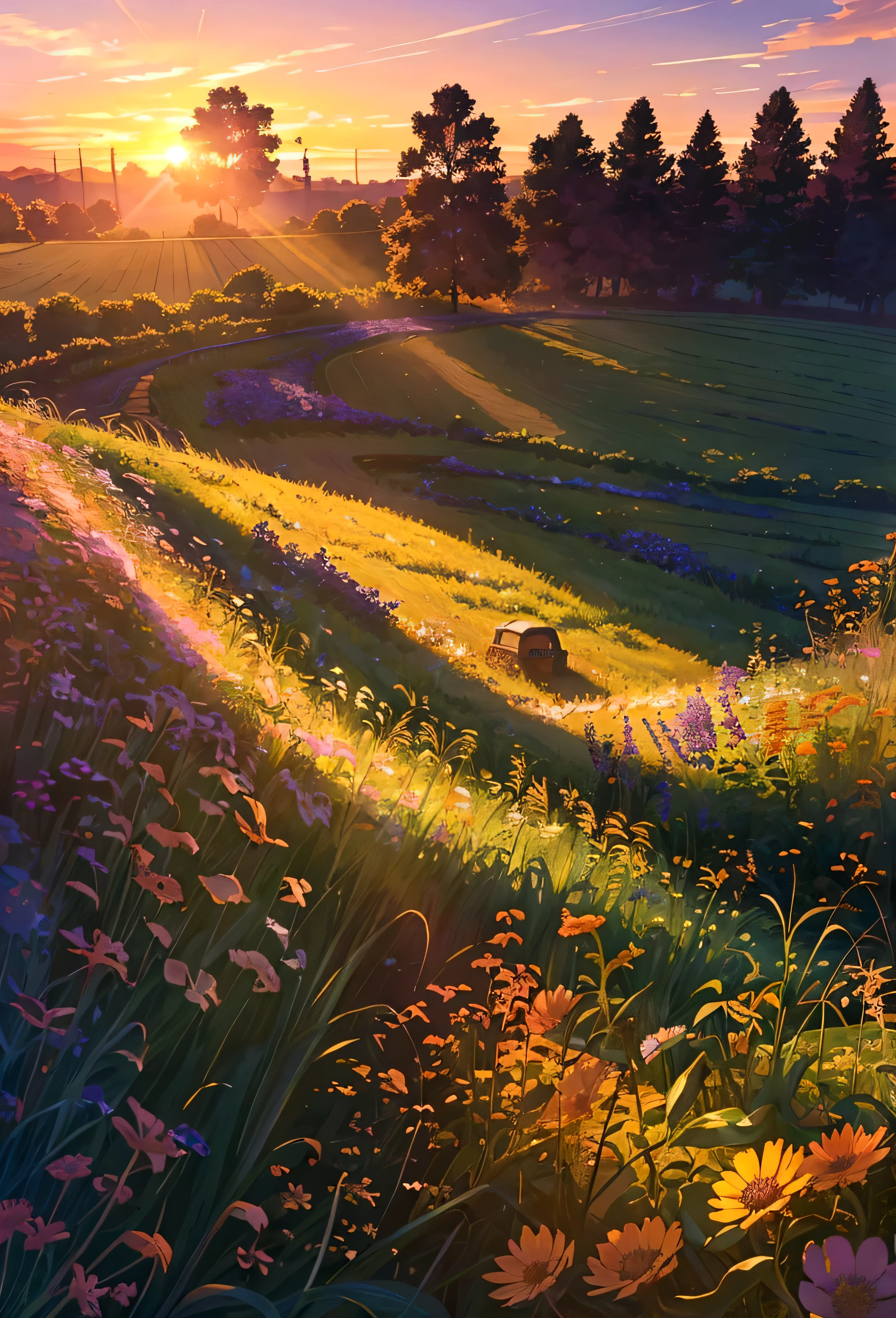 Create a picturesque scene of an abandoned plane situated in the middle of a field filled with wildflowers and creeping plants. The plane should appear old and weathered, with nature reclaiming its structure as vines and creepers entwine around it. The setting is at sunset, with the sky painted in warm hues of orange, pink, and purple. The soft, golden light of the setting sun casts long shadows and bathes the entire scene in a warm, ethereal glow. The field is lush and vibrant, with a variety of colorful flowers in bloom. The overall mood should evoke a sense of tranquility and the quiet beauty of nature reclaiming a man-made object.