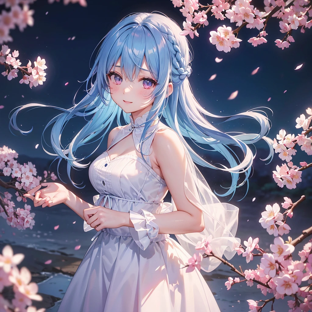 (Sky blue medium hair),(Braided hair tied together)、Pink eyes、Fair skin、(whole body)、(One Girl)、(suit)、Cherry Blossoms at Night、A big smile、、(masterpiece、Highest quality、Very detailed、Best Shadow)、(Detailed Background)、(Beautifully detailed face)、High contrast、(Best lighting、Very delicate and beautiful)、((Cinematic Light))、colorful、Hyper Detail、Dramatic Light、Exquisite detail、