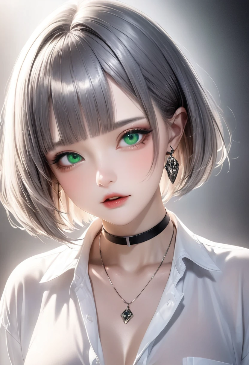 Cute Girl, glossy smooth silver short bob cut, forehead, blunt bangs, sighing lips, make-up, attractive and seductive expression, great Proportions, 2.5D, delicate and dynamic, foggy filter effect, beautiful effects, BREAK shiny big green eyes, BREAK unbuttoned loose white shirt, necklace, black ring earrings, black choker