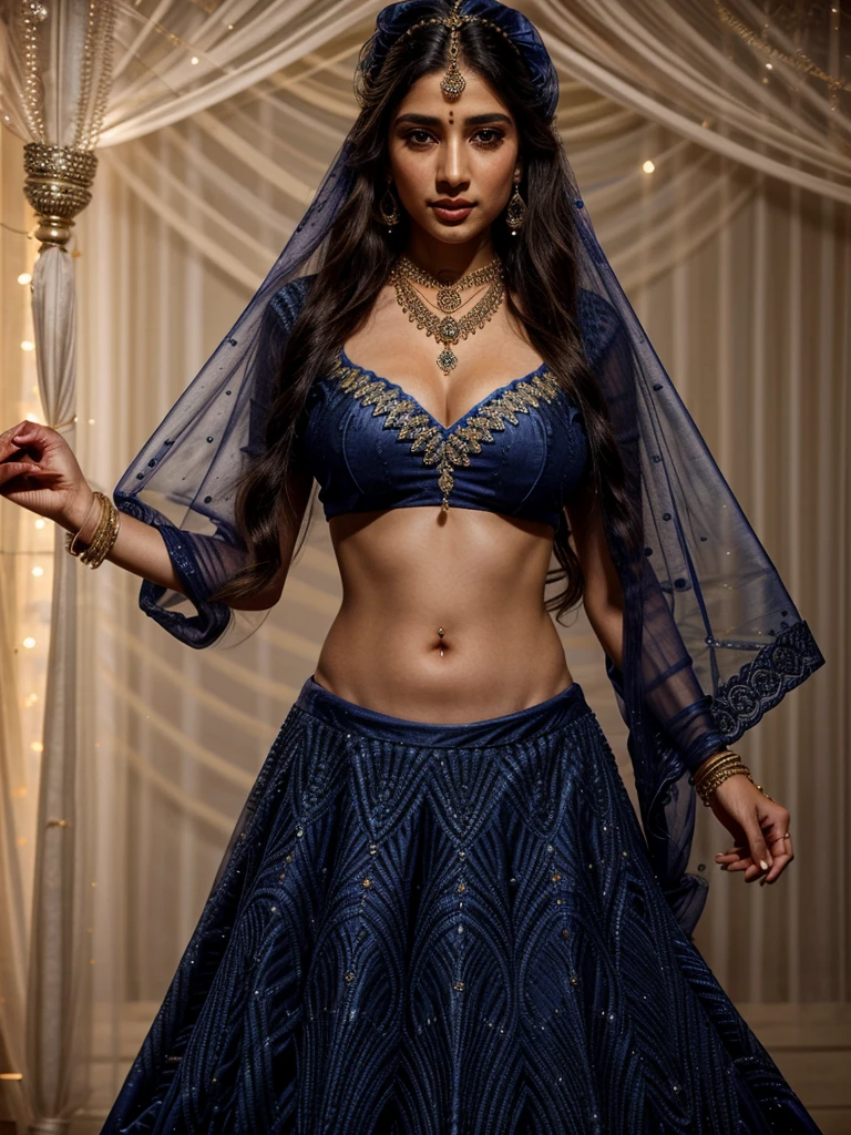 4K, UHD, masterpeice, 1 girl, good face, detailed eyes, detailed lips, very long hair, straight hair, very long hair, beautiful hair, hair ornaments, hairband, gradient hair, ((indigo lehenga)), ((bridal lehenga)), ((decorated blouse)), sardine, ((jwellery on lehenga)), ((indigo lace)), ((diamond bracelet)), ((pendant)), ornaments, necklace, earring, high lighting, ((bare stomach)), wedding stage, fujicolor, depth of field, ray tracing, ultra realistic detail,