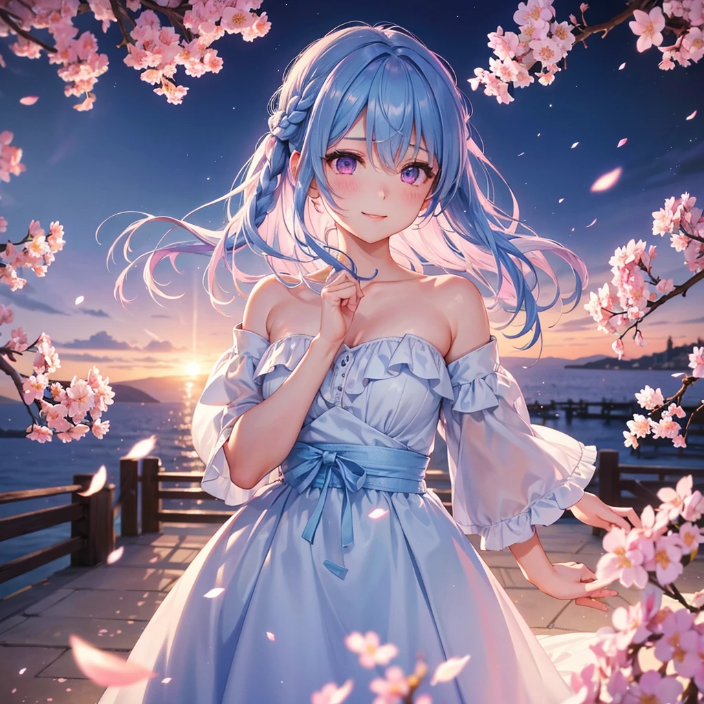 (Sky blue medium hair),(Braided hair tied together)、Pink eyes、Fair skin、(whole body)、(One Girl)、(suit)、Cherry Blossoms at Night、A big smile、、(masterpiece、Highest quality、Very detailed、Best Shadow)、(Detailed Background)、(Beautifully detailed face)、High contrast、(Best lighting、Very delicate and beautiful)、((Cinematic Light))、colorful、Hyper Detail、Dramatic Light、Exquisite detail、