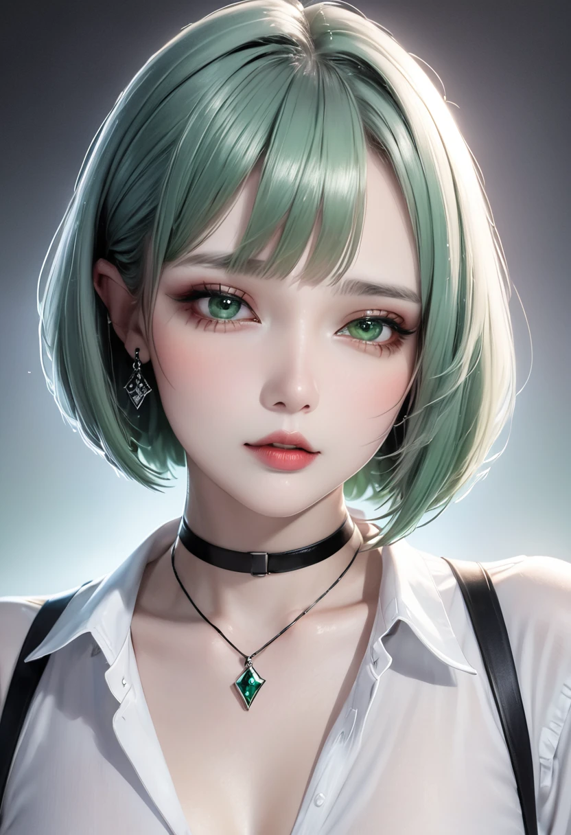 Cute Girl, glossy smooth silver short bob cut, forehead, blunt bangs, sighing lips, make-up, attractive and seductive expression, great Proportions, 2.5D, delicate and dynamic, foggy filter effect, beautiful effects, BREAK shiny big green eyes, BREAK unbuttoned loose white shirt, necklace, black ring earrings, black choker