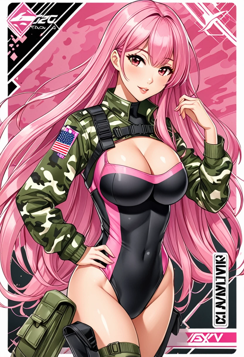 Sexy asian woman, very long pink hair, athletic, camo military style outfit, sexy waifu, trading card style art, 