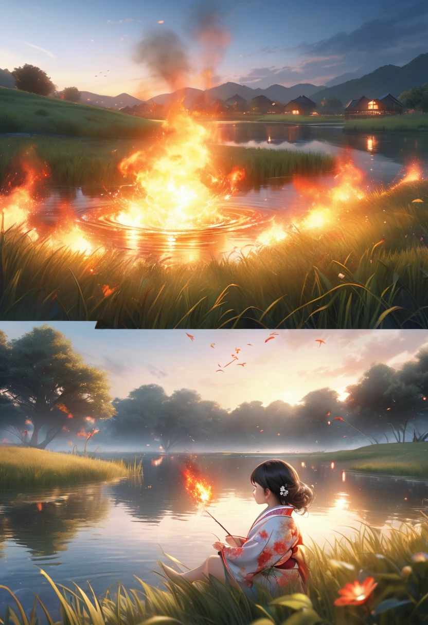 Representative works:1.2, High resolution, Highest quality, Beautiful in every detail, Ultra-realistic, Photorealistic:1.37, Cute  on the grassland lake, fire Flyが飛び交う草原の湖の風景, fire Fly:1.3, kimono, Long, flowing, straight black hair, Crouched(Waliza), Beautiful and delicate(hair, eye, pupil, lips, fire Fly), Standing back,