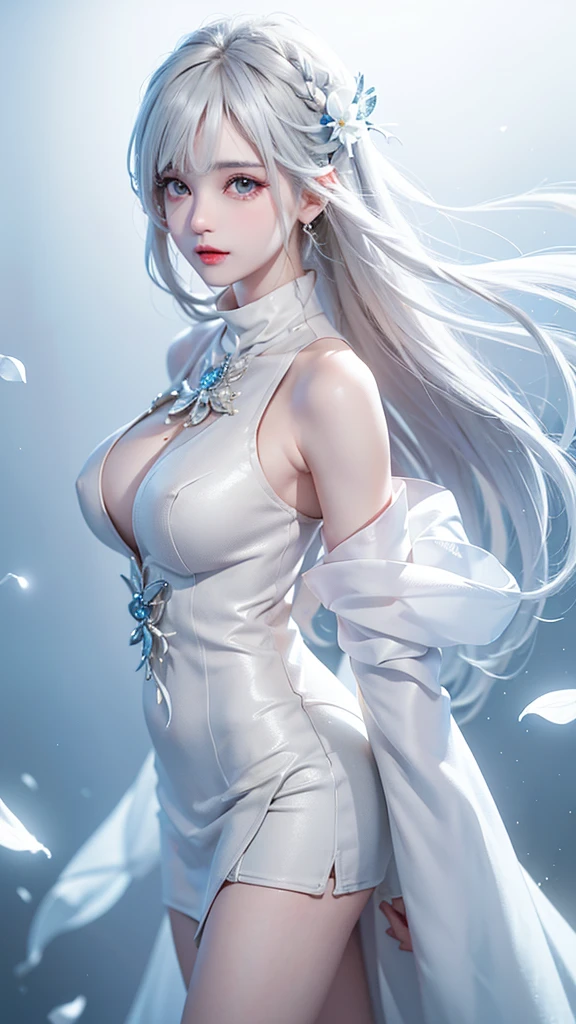 ((Bust up photo))((masterpiece:1.5、8K、Portraiture、フォトリアリスティックでVery detailedなCG、Very detailed、Particle Effects、Dynamic Effects、Written boundary depth、Cinematic Light、Lens flare、Ray Tracing、Tabletop、Realistic:1.4、Ultra-high resolution:1.2、Realistic、Realistic))((alone、,Woman in turtleneck dress:1.4、Model-like pose:、Side bust、Ample breasts、Detailed face、Bright expression、young, Brighter, Whiter skin、Best Looks、Ultimate beauty、White hair with shiny highlights:1.8、bright and shiny hair,、Super long, Silky straight hair、Hair swaying in the wind))(Wonderful transparent flower々Surrounded by、White Background、Great background、Thin petals fluttering down)