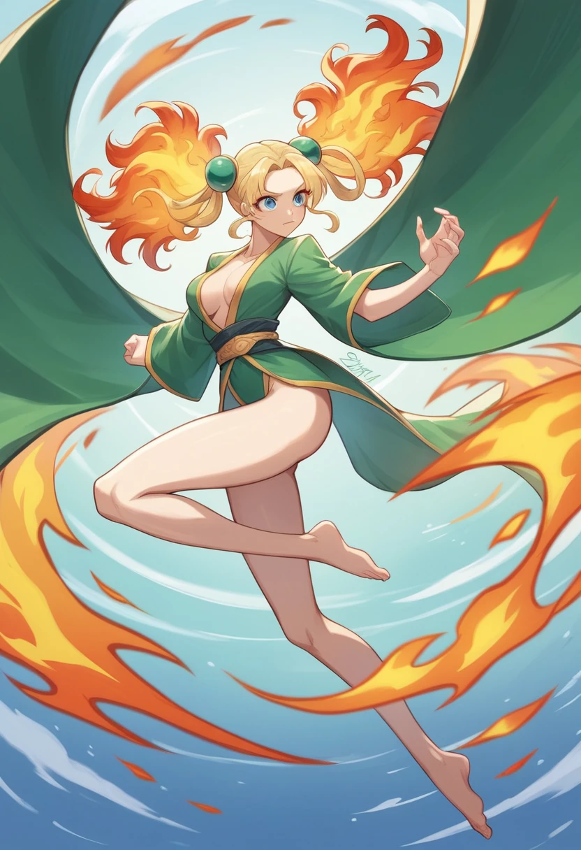 Little 18 year old girl bandit through hell、green kimono with lotus flowers、green flame. blue eyes. long legs, curly hair, very small covered breasts, body with green flames and an expression of fury, giving a flying kick, released fire from his feet , two pigtails in her hair, flying like a superhero, background a green chinese dragon behind her. sosten verde, green oriental clothing, showing great power by charging a dragon. Background in the distance a majestic dragon dragon
