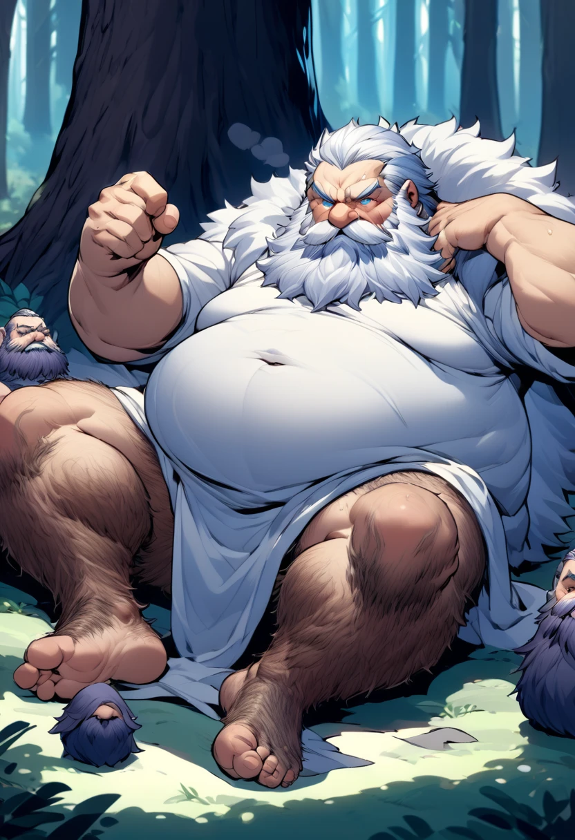 Dwarven Elder　fat　Glaring face　Blue Eyes　Short　large round nose　Age Line　In the woods　the base of the tree　Lying on your back　A long, large, fluffy, bouncy white beard　Bouncy mustache　Long, wide beard　Frowning　Deep wrinkles on the face　White tank top shirt　Almost naked　Body hair　chest hair　Sweat　The shirt is rolled up a little, exposing the navel, stomach hair, and pubic hair.　　　Spread your legs　Leg hair　Leg hair　Ass hair　Plump　Covering the crotch with the left hand　A lot of pubic hair sticking out from under the hand　　Hold one foot with your right hand and show the sole of your foot　Anime taste　