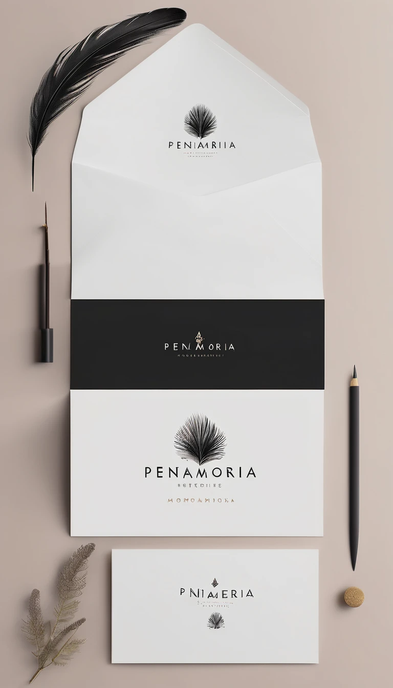 A minimal, modern, simple, cinematic logo design for the brand “Penamemoria". Create a modern, minimalistic, high-quality, logo of a dreamy. fantastic, poetic, masterpiece feather of Memories