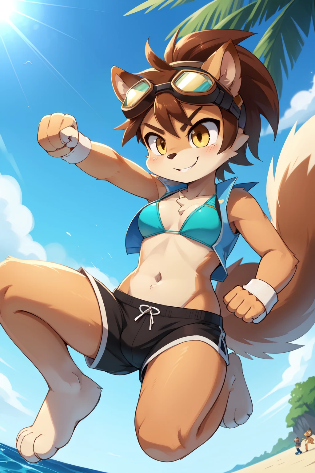 score_9,score_8_up,score_7_up, source_cartoon, source_furry, Furry girl, young, squirrel, brown hair, mohawk spiky hairstyle, spiky large ponytail, yellow eyes, small breasts, detailed body fur, ((goggles, blue vest, open clothes, green bikini, black swim trunks)), masterpiece, anime style, two tone body fur, brown body fur, clear brown body fur, (squirrel tail), (squirrel ears), detailed face, big eyebrows, detailed eyes, detailed body, beach, clear sky, detailed hands, glistering body, shiny body, skinny, sassy face, (fight, dynamic action shot, speed lines, motion blur, fighter pose, ((punch act, fist, punch focus, jump, on air)), detailed fist, detailed punch, full body, feets with three toes, 3 toes, looking at you, :3, smile, dynamic angle,