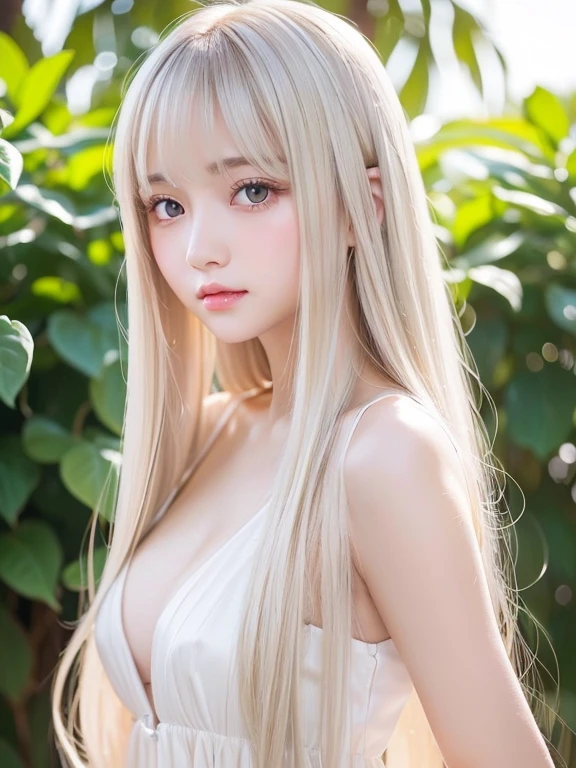 Poor breasts、Silky Skin and Glowing Cheeks、A very beautiful and adorable 20 year old girl、((Long bangs that reach under the nose and between the eyes,,,))、Beautiful and cute young woman with very long hair, Silver, silky platinum blonde hair、Very beautiful pale yellow eyes shining、Bright expression、Summery clothes、Poor breasts、