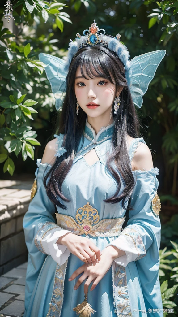 fairy koudiana tiara, tiangnan dragon headdress, chinese traditional hairstyle, in the style of anime aesthetic, bo chen, edmund leighton, exaggerated facial features, fairycore, dark azure and white, 32k uhd