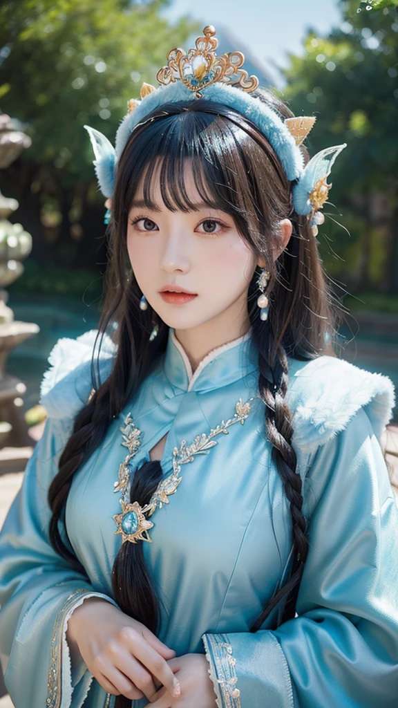 fairy koudiana tiara, tiangnan dragon headdress, chinese traditional hairstyle, in the style of anime aesthetic, bo chen, edmund leighton, exaggerated facial features, fairycore, dark azure and white, 32k uhd