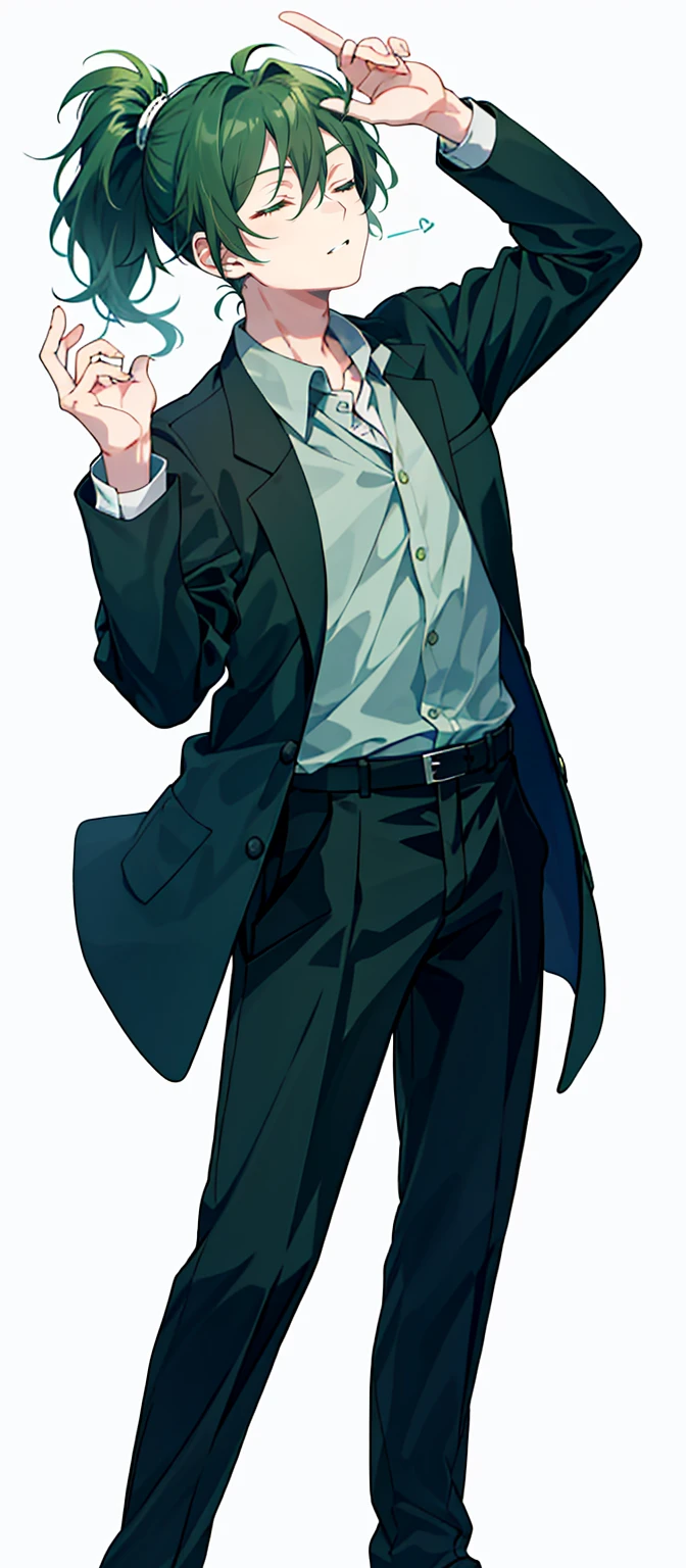 1 boy, 27 years old, full body, hair between eyes, dark green hair, low short ponytail, collared shirt, slacks, safari jacket, closed eyes, front view, katana,