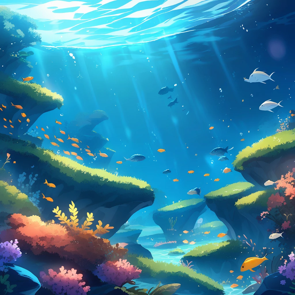 Underwater small fish beautiful A fantastic atmosphere Background illustration landscape