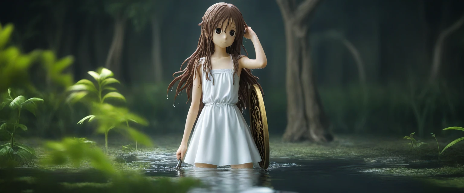 score_9, score_8_wonderful, score_7_wonderful, score_6_wonderful, sauce_anime, 部分的にIn the water,
One Girl, Long Hair, Brown Hair, Wet Hair,
White Dress, Swamp,
Dark Background, Blurred Edges,8-year-old、Adventurer、Flat Chest、Pitch-dark underground labyrinth、No light、skirt、Equipped with a dagger and a shield、水面よりwonderfulの顔、In the water, In the water写真、浮力でskirt捲れる