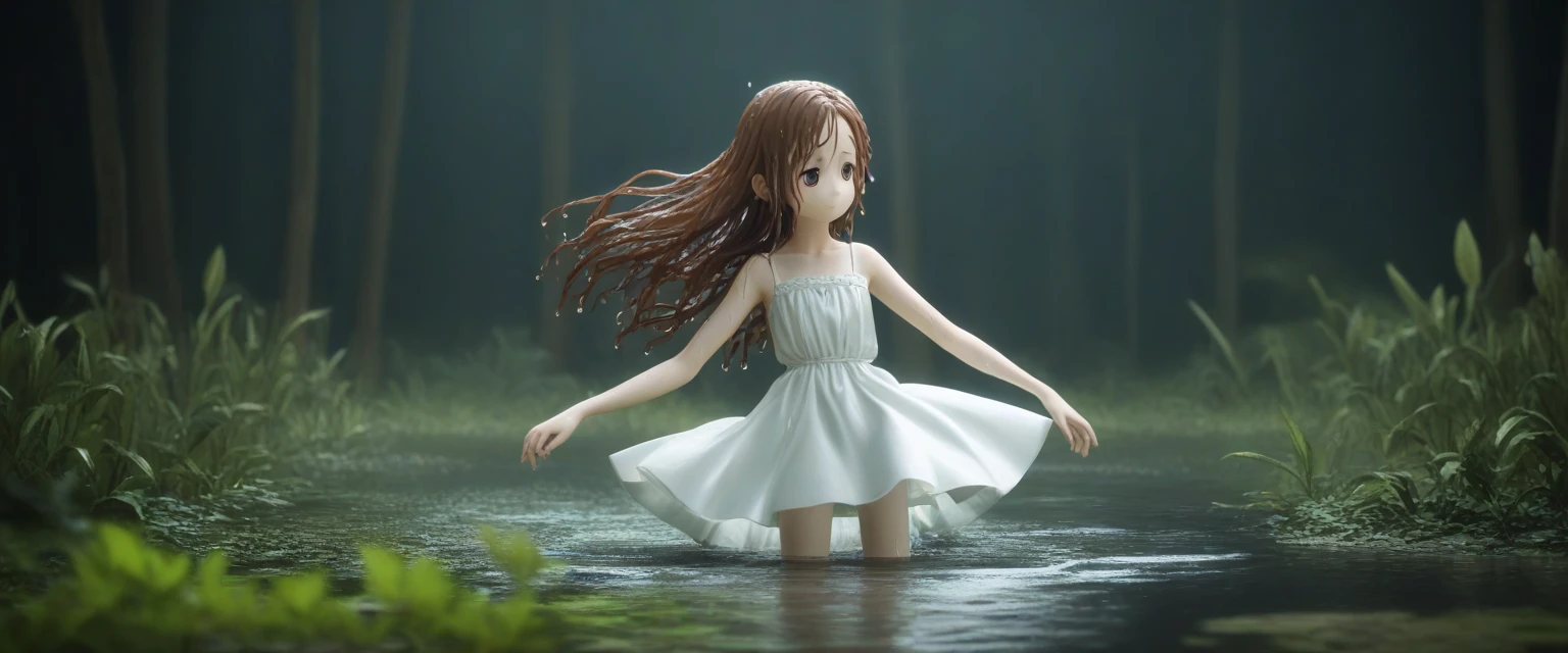 score_9, score_8_wonderful, score_7_wonderful, score_6_wonderful, sauce_anime, 部分的にIn the water, 
One Girl, Long Hair, Brown Hair, Wet Hair,
White Dress, Swamp,
Dark Background, Blurred Edges,8-year-old、Adventurer、Flat Chest、Pitch-dark underground labyrinth、No light、skirt、Equipped with a dagger and a shield、水面よりwonderfulの顔、In the water, In the water写真、浮力でskirt捲れる