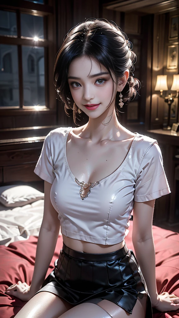 Slightly further angle of view、(Digital art like a movie: 1.3), high quality, Tabletop, 最high quality, Very detailed, shape, [4K Digital Art]、 India No, (Sharp focus: 1.5), (Moody lighting:1.2), Written boundary depth, Bokeh, 4K 、High resolution, Very detailedな, Very detailed CG Unity 8k 壁紙, Realistic, Realistic, RAW Photos, Beautifully detailed face, Pale skin, Realistic glowing skin, Detailed cloth texture, Detailed hair texture, Perfect body, Beautiful Face, Acura, Anatomically correct, 非常にDetailed face, Eye and skin texture, Natural neck length, (Beautiful Eyes、Beautiful Hands), (Shiny skin:1.2), Thin legs, Thin legs, Knowledgeable person、Detailed face、Detailed Background、 

Short Bob Hair、Black Hair、
Dramatic Compensate、Compensate、Pink lips、eye make up、mascara、eyeliner、eye shadow、Rainbow color contact lenses、((Tight shirt and black miniskirt、Captivating smiling woman)), Blurred Background、Detailed face, high quality, High resolution、Librarian Woman、Obscene language、((night:1.5,Old Castle Floor:1.5, Bedroom、Dim lighting:1.5, sexual temptation))、Lying in bed
