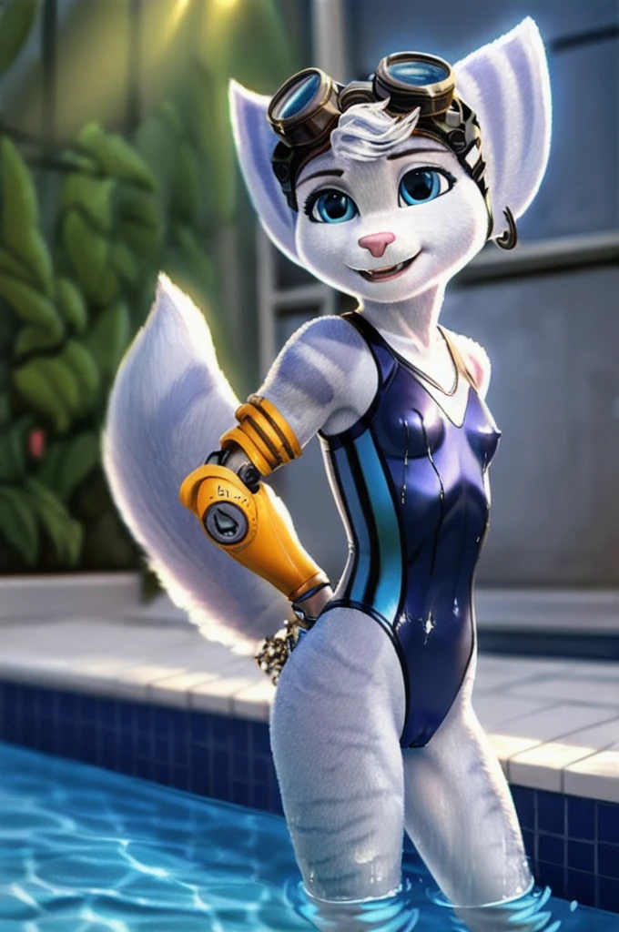 Rivet, tail, furry, 1girl, young, solo, yellow cybernetic protease on the right shoulder, (wearing black wet swimsuit), standing at interior swimming pool, detailed body fur, detailed body, detailed eyes, detailed face, athletic, skinny, high quality, masterpiece, (small breasts), goggles, :D, looking at you, full body, ((good lighting on crotch)), (aroused), (horny), (bedroom eyes), (females cameltoe)