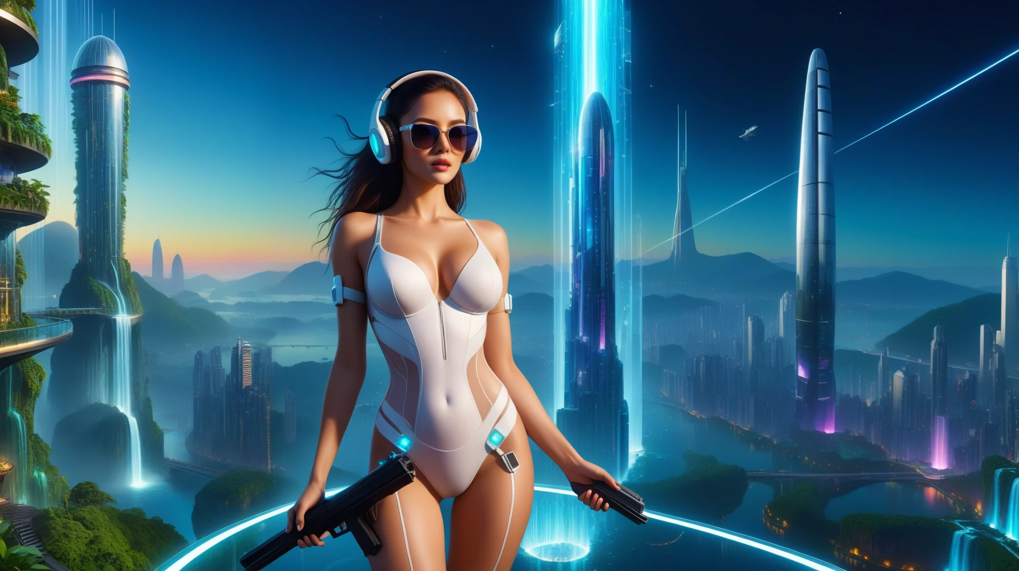 Futuristic floating city, huge high-tech tablet platform, airship, colorful lights, skyscrapper, transparent path, lush greenery, sky gardens, waterfalls, sparkling river, transparent dome, walkway, tower, very dark night, holographic display, aerial view. (((((1girl, solo, alone))))), large-:1.2 slim body, cleavasexy elegant l half-transparent white dress, (headphone, black sunglasses), (((standing and holding pistol pose))), (((half-body thigh level medium shot))), cinematic lighting, lens flare, ray tracing.