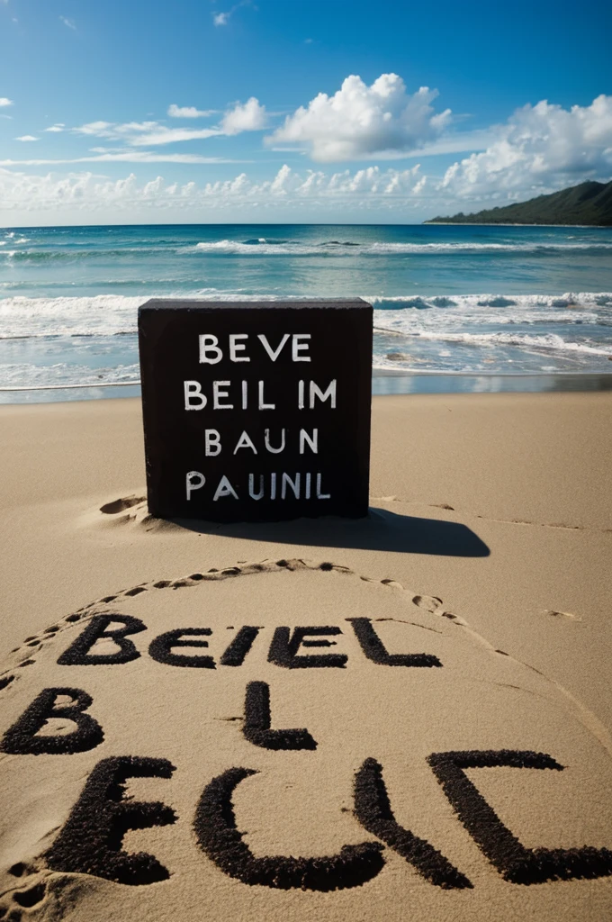 Believe me, an image that says Frankely Paulino written on the beach with evil in the background
